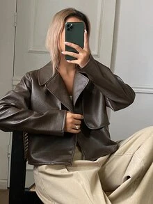 Livesso Women's Solid Color Fashion Minimalist Jacket - Brown - View 6