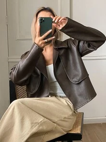 Livesso Women's Solid Color Fashion Minimalist Jacket - Brown - View 5