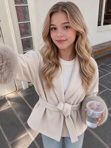 SHEIN Teen Girl Cinched Waist Overcoat, Faux Fur Cuff Design, Soft Pink Short Wool Jacket, Loose Drop Shoulder Fit, Suitable For Fall Senior 2027 Cute - Beige - View 3