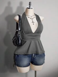 SHEIN ICON 大尺碼掛脖深V領收腰A字露背灰色背心，復古性感優雅Y2K娃娃裝，適合外出夜店夏季穿搭 - 灰色 - 查看 8