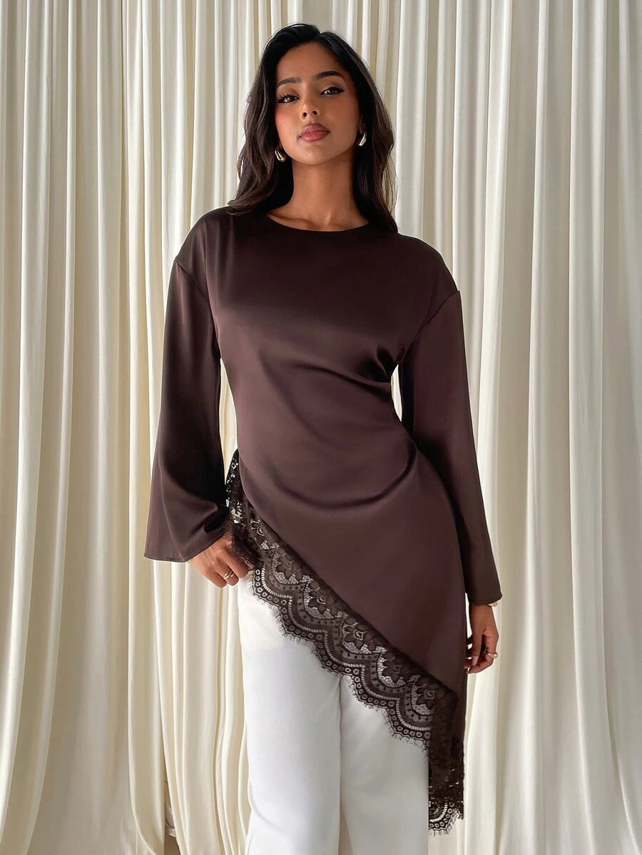 Aloruh Brown Long Sleeve Shirt Lace Patchwork Extra Long Hem Asymmetrical Waist Commute Minimalist - Coffee Brown - View 1