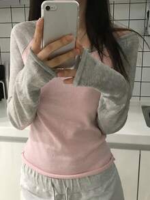 DAZY 女款不對稱肩拼接配色長袖韓系清新女孩毛衣 - 藕粉色 - 查看 3