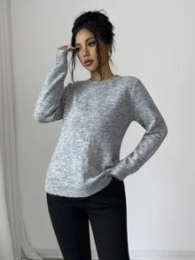 SHEIN Elenzya 女款秋季新款圓領素色合身寬鬆百搭通勤時尚設計後背蝴蝶結開衩針織套頭長袖毛衣單件 - 灰色 - 查看 7