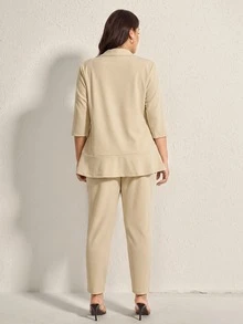 Comfylo Plus Size Women Solid Color 3/4 Sleeve Blazer And Pants 2 Pieces Set, Business Casual Style - Apricot - View 2