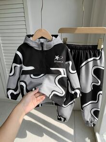 SHEIN 2件組兒童小男孩休閒日常百搭舒適拼接連帽半拉鍊套頭寬鬆長袖外套與寬鬆彈性收口褲，梭織兩件套，適合學校、花園、海灘、生日，春夏秋季穿著 - 彩色 - 查看 4