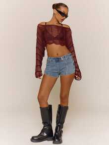 MUSERA Sheer Textured Knitted Long Sleeve Crop Top Beachwear Cute Festival Spring - Burgundy - View 4
