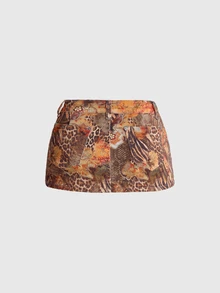 ROMWE Vacation Hippie Retro Floral Leopard Fruit Print Low Waist Bodycon Denim Skirt - Brown - View 2