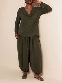Elaquor Plus Size Women's Stacked Collar Long Sleeve Top And Pants 2 Pieces Set - Army Green - View 5