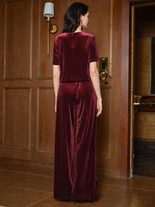 Anewsta Women's Round Neck Short Sleeve Hand-Embellished Sequin Top And Pants 2 Pieces Set - Burgundy - View 2