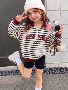 青少年女孩半拉鍊落肩字母印花衛衣，雙面穿著，適合秋冬、外出、朋友聚會、學校，可搭配短褲或長褲，多場景適用，加厚保暖內裡 - 彩色 - 查看 3