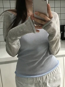 Dazy Plus Plus Size Women Colorblock Asymmetric Shoulder Casual Everyday Long Sleeve Sweater - Baby Blue - View 5