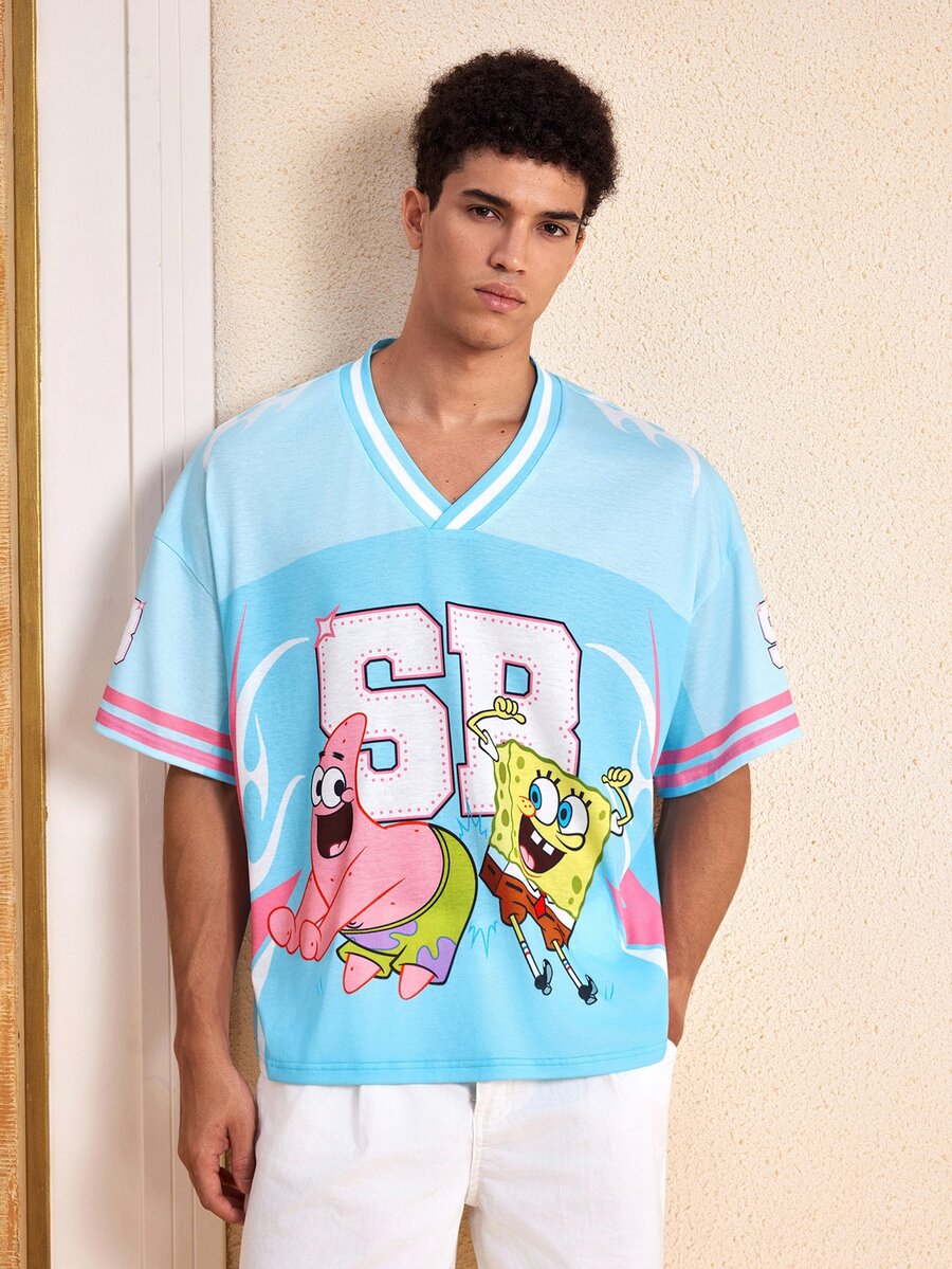 SpongeBob SquarePants | SHEIN Men's Cartoon Graphic Casual Daily Wear T-Shirt - Sky Blue - View 1