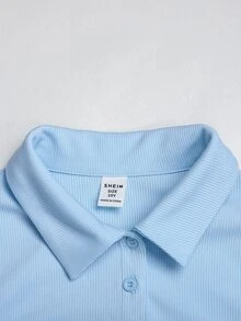 SHEIN Serisse Kids 青少年女孩針織純色嬰兒藍 Polo 領長袖 T 恤與裙子休閒 2 件套 - 藍色 - 查看 5