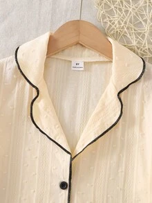Tween Girl Swiss Dot Contrast Binding Bell Sleeve Button Front Pajamas Set - Apricot - View 3