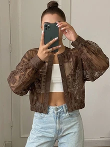 DAZY 女款圓領長袖半透蕾絲布料優雅鈕扣襯衫 - 咖啡棕 - 查看 6