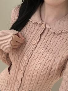DAZY Solid Color Slim Fit Long Sleeve Turn Collar Cable Knit Casual Vacation Korean Style Versatile Autumn Winter Cardigan For Women - Pink - View 8