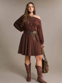 Freevana Plus Size Women Casual Commute Solid Color Asymmetric Neckline Waist Cinched A-Line Dress - Brown - View 5