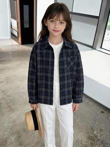 Hapijoa 翻領條紋寬鬆休閒青少年女孩襯衫 - 藏蓝色 - 查看 4