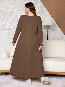Lacomfia Minimalist Solid Color Ribbed Cowl Neck Long Sleeve Cinched Waist A-Line Regular Fit Plus Size Dress For Spring And Autumn - Brown - View 2