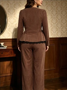 Auvina Women's V-Neck Button Decor Patchwork Lace Long Sleeve Top + Wide Leg Pants Two Pieces Set Fall - Brown - View 2