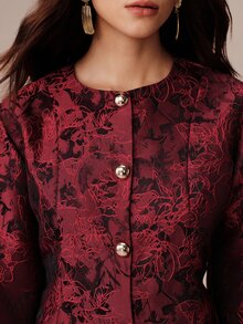 BELROSIE 女款前開鈕扣燈籠袖修身西裝外套，酒紅色，適合聖誕晚餐、職場、秋季，優雅風格 - 彩色 - 查看 3