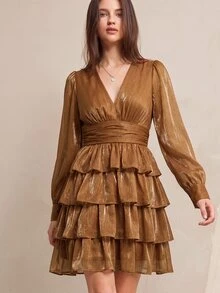 BELROSIE 法式風格V領甜美碎花度假短款層次雪紡長袖蛋糕裙女款迷你洋裝 - 咖啡 - 查看 5