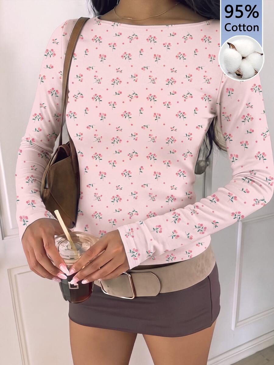 CovetEZ 95%棉 全印花 女款方領長袖T恤 - 彩色 - 查看 1
