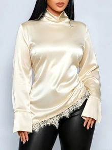 SOLERSUN Plus Size Satin High Neck Long Sleeve Blouse Asymmetrical Lace Office Brunch Date Daily Streetwear - Apricot - View 3