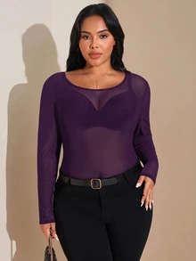 SHEIN Tall CURVE Women's Plus Size Mesh Perspective Long Sleeve Top - Purple - View 4