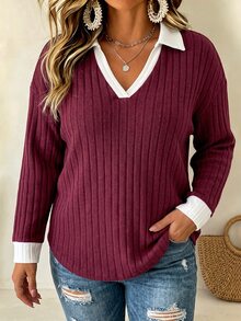 Glimmora Fashionable Vintage Casual White Basic T-Shirt With Contrast Burgundy Collar And Cuffs Plus Size - Multicolor - View 4