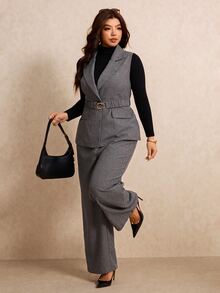 Elaquor Plus Size Women's Lapel Sleeveless Vest And Long Pants Suit 2 Pieces Set - Grey - View 3