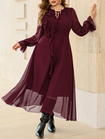 Roveilla Plus Size Solid Color Casual Minimalist Sheer Ruffle Hem Loose Long Dress For Women