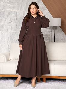 Al Najma Women's Shirt Collar Long Sleeve Ruched Waist Layered Versatile Spring Autumn Solid Color Plus Size Arabian Dress - Coffee Brown - View 6
