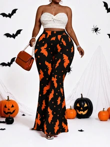 Whyspr Plus Size Women Halloween Element All Over Print Slim Fit Pants - Black - View 6