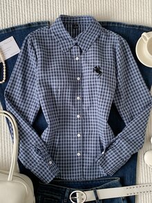 Comfortcana Women's Korean Style Embroidered Plaid Single Breasted Long Sleeve Shirt - Blue - View 6