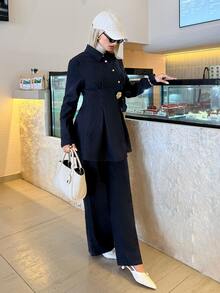 Solavon New Design Asymmetrical Lace-Up Waist-Cinching Slimming Long Top And Wide Leg Pants Set - Navy Blue - View 5
