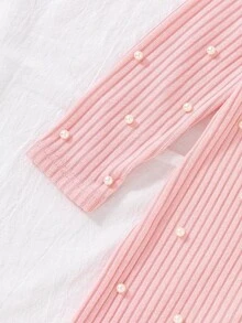 Young Girl Pink Rib-Knit Beaded Pearl Dress Autumn Winter Mock Neck Long Sleeve Sweater Dresses - Pink - View 4