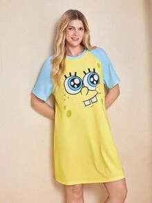 SpongeBob SquarePants | SHEIN 女款卡通圖案休閒日常居家短袖睡裙 - 黃色 - 查看 3