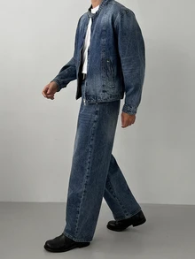 DAZY Spring/Autumn Men's Henley Collar Jacket Style Small Stand Collar Button-Up Blue Washed Distressed Denim Outerwear - Blue - View 2