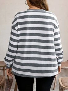 SHEIN LUNE 大尺碼女款秋冬灰色印花寬鬆圓領長袖休閒優雅秋季度假外出上衣 - 彩色 - 查看 2