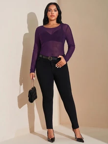 SHEIN Tall CURVE Women's Plus Size Mesh Perspective Long Sleeve Top - Purple - View 5