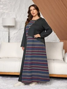 Lacomfia Plus Size Women Loose Casual A-Line Round Neck Long Sleeve Patchwork Floral Print Autumn Long Dress - Black - View 5