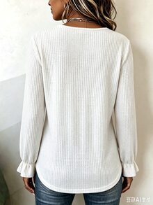 Glimmora Fashionable Retro Casual Basic Waffle Texture Fabric, Button Closure Design, Ruffle Cuff Women's Shirt - White - View 2