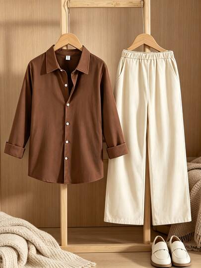 2pcs Boys Gentleman Outfit Set, Brown Long Sleeve Shirt & Beige Loose Straight Leg Pants, Spring Autumn Casual Luxury Daily Wear