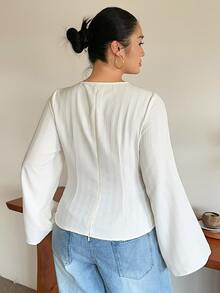 Dazy Plus Fun Commute Tie Asymmetrical Hem V-Neck Spring Autumn New Long Sleeve Shirt - Apricot - View 2
