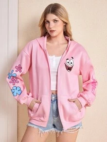 SpongeBob SquarePants | SHEIN Women's Cartoon Pattern Print Zip-Up Sweatshirt With Pockets - Baby Pink - View 3