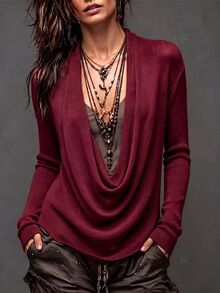 LUMIGAL Sweater Wanita Warna Polos Elegan Kerah Cowl Lengan Panjang untuk Liburan - Burgundy - View 1