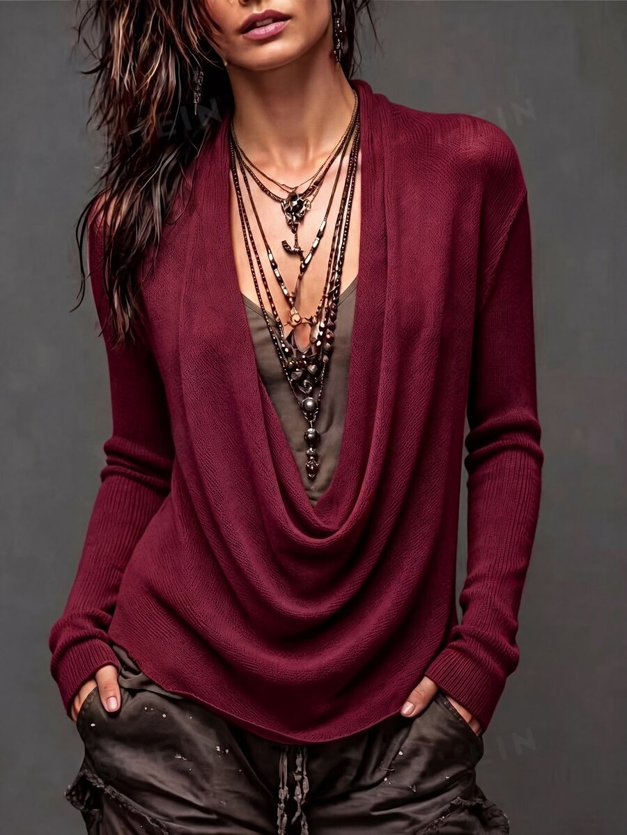 LUMIGAL Sweater Wanita Warna Polos Elegan Kerah Cowl Lengan Panjang untuk Liburan - Burgundy - View 1