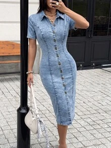 Rivivi فستان جينز مغسول بياقة وأزرار بقصة ضيقة وفتحة جانبية للنساء - الأزرق - مشاهدة 6