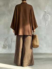 EMERY ROSE Women's Casual Commute Minimalist Small Stand Collar Shirt & Striped Loose Long Pants Two Pieces Set, Suitable For Spring/Autumn Daily Wear, Shopping, Commuting, Ideal Choice For Back To School Season, Versatile Outfit - Brown - View 2